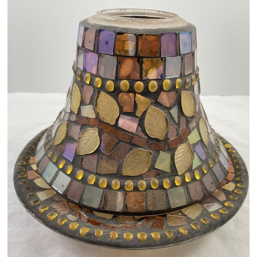 Yankee Candle Topper Mosaic Leaves Glass Shade Jar Cover Plate Set